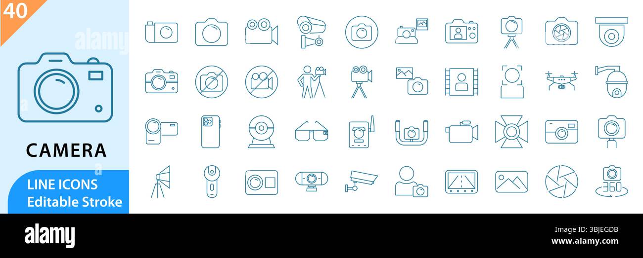 Bearbeitbare Symbolgruppe Kamerazeile. Legen Sie das Symbol für Kamera und Foto fest. Bearbeitbare Kontur. Vektorabbildung Stock Vektor