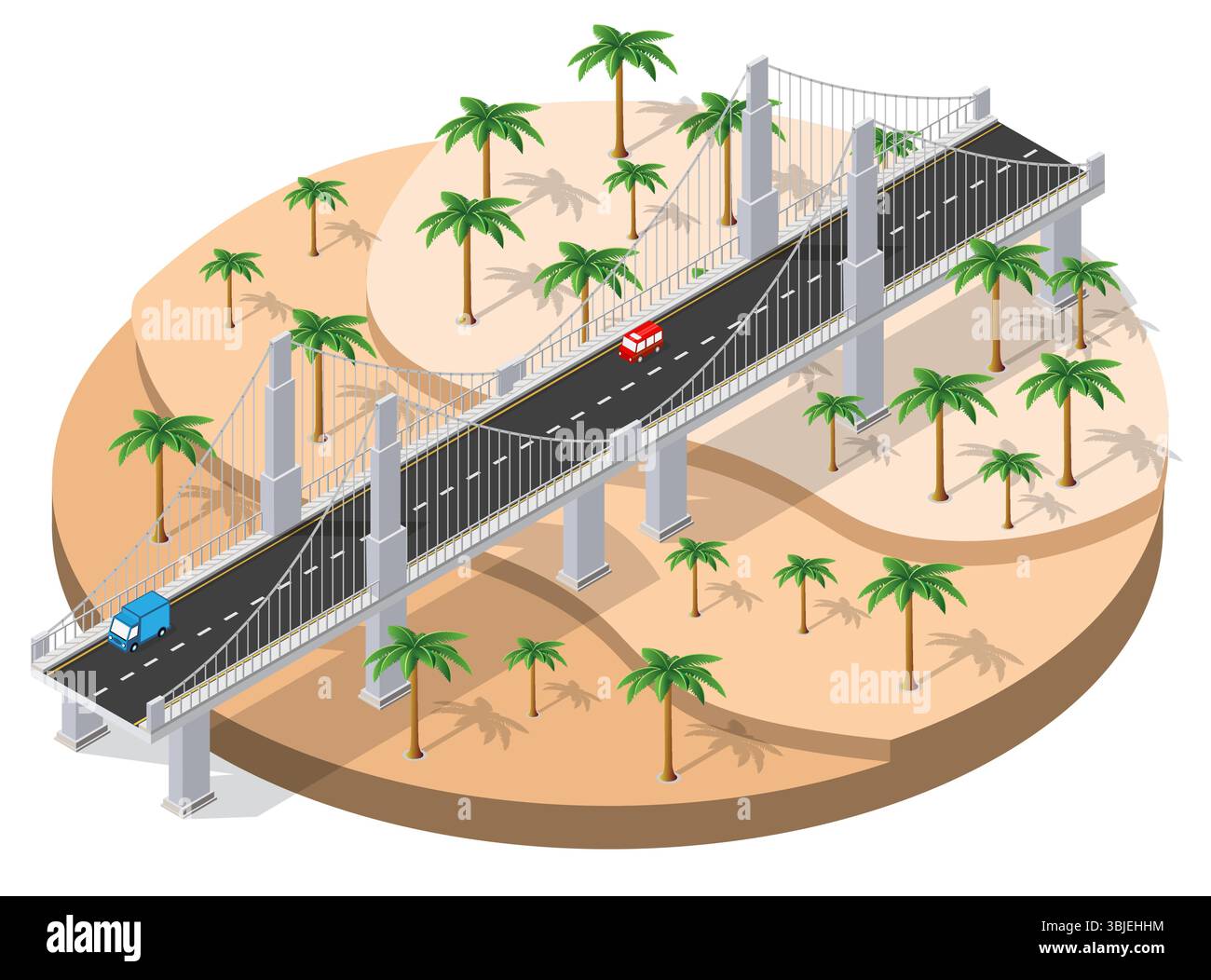 Isometrischer Blick auf eine Hängebrücke über eine Wüstenlandschaft mit Palmen und zwei überquerenden Autos Stock Vektor