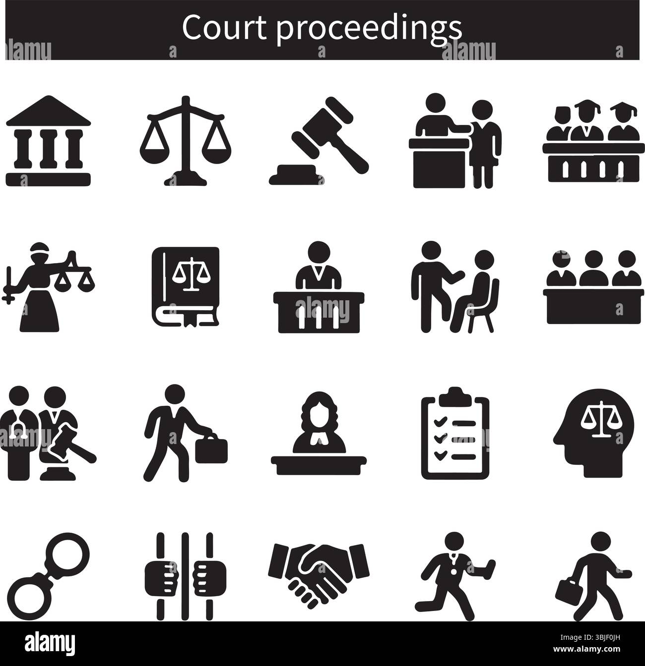 Gerichtsverfahren Recht Icons Set - Justiz, Rechtssymbole, Gerichtssaal, Rechtsanwalt, Richter, Urteil, Prozess, Fall Stock Vektor