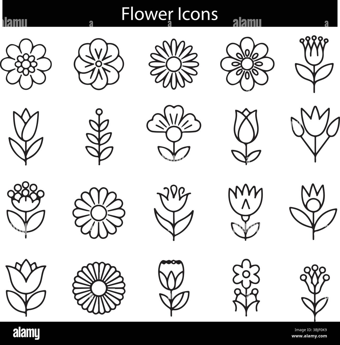 Minimal Flower Icons Set – Botanische Line Art Floral Vector Collection Stock Vektor