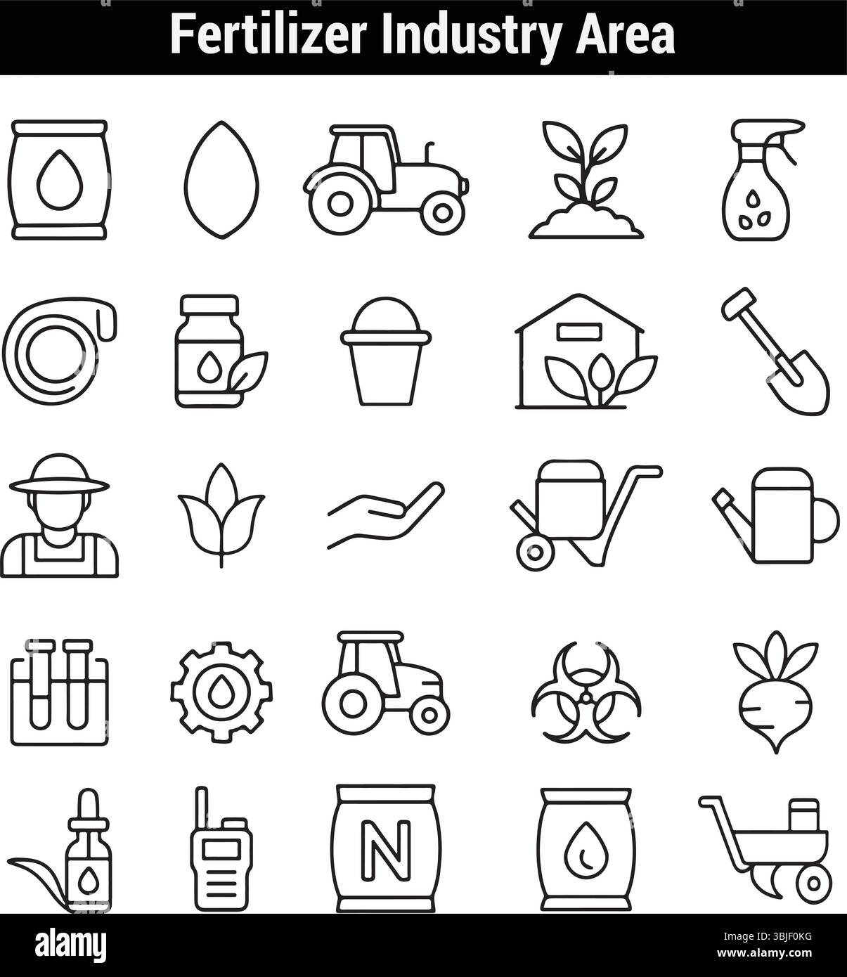 Symbole Für Die Düngemittelindustrie – Landwirtschaft, Landwirtschaft, Werkzeuge, Ausrüstung – Liniensymbole Stock Vektor