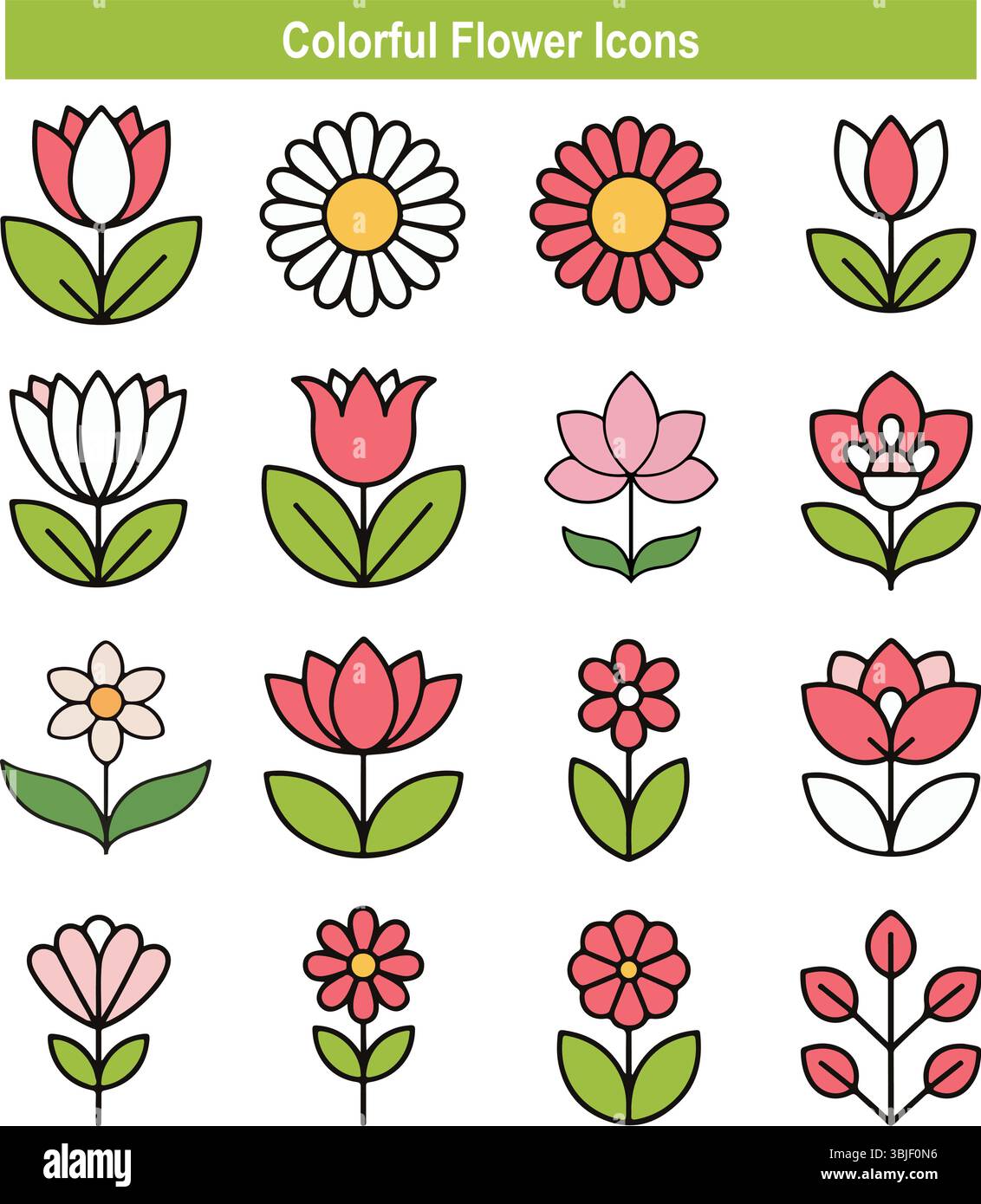 Bunte Blumensymbole – Niedliches Blumenclipart, Botanischer Vektor-Grafik-Set Stock Vektor
