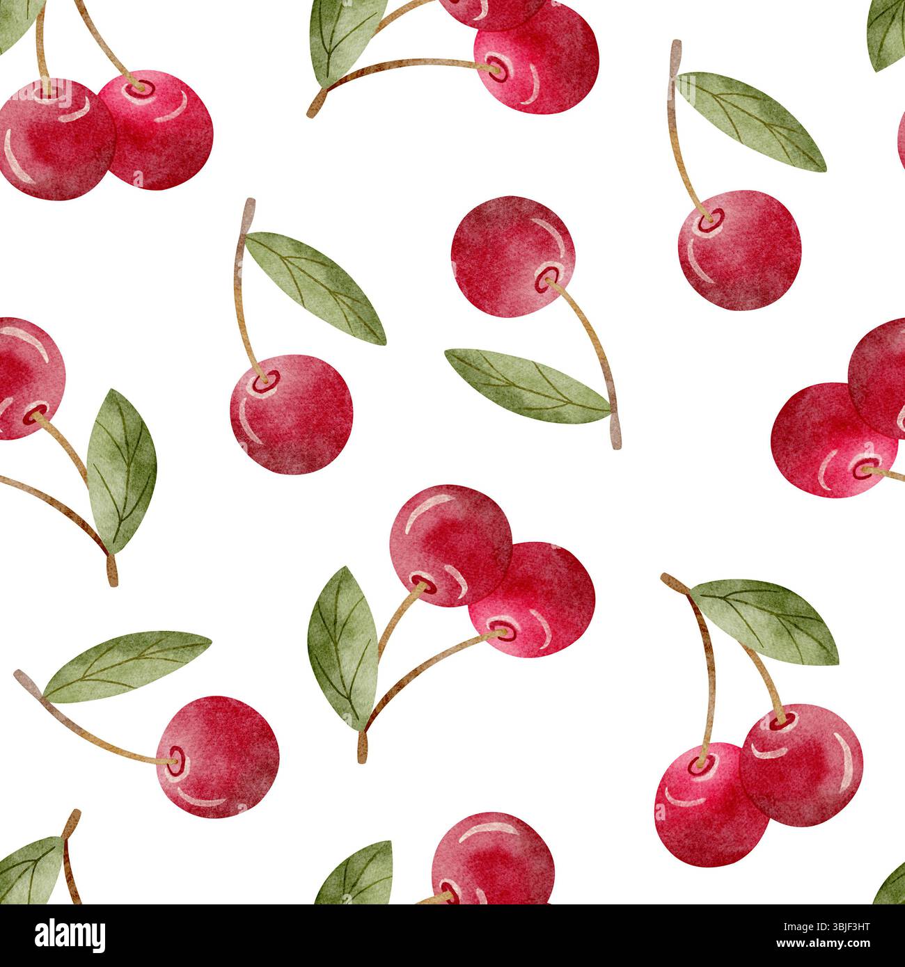 Muster Beeren Kirschen mit grünen Blättern Aquarellillustration saftige Frucht rot rosa Hand gezeichnet. Nahtloser Druck auf isoliertem Hintergrund für Textilien Stockfoto