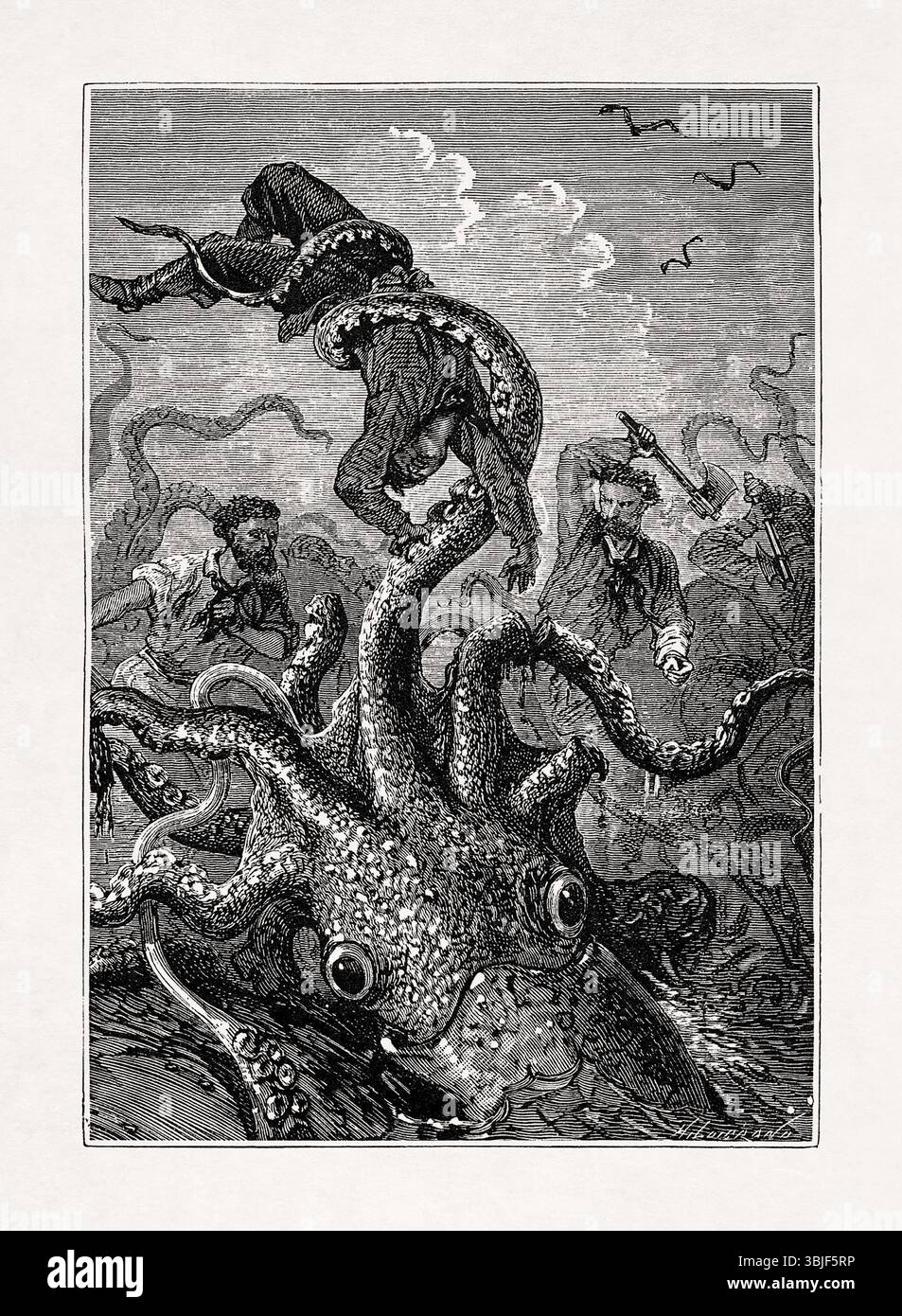 Illustration eines RiesenTintenfischs, der die Crew des Nautilus angreift, aus dem Buch „Twenty Twenty Thousand Leagues Unthe Seas“ von Jules Verne. Stockfoto
