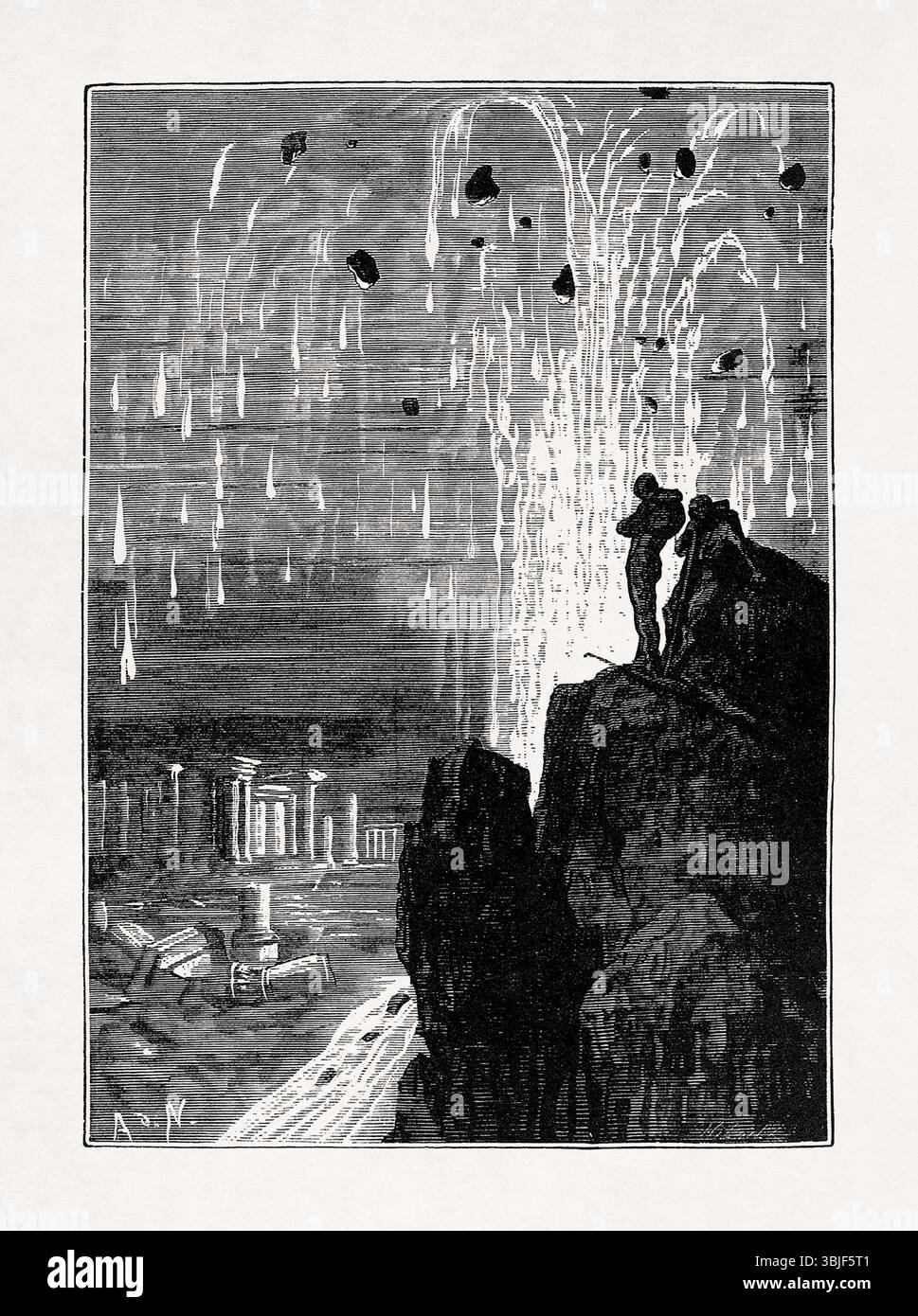Illustration von Alphonse de Neuville, die einen Unterwasservulkan und die verlorene Stadt Atlantis aus dem Buch Twenty Twenty Thousand Leagues Under the SE darstellt Stockfoto
