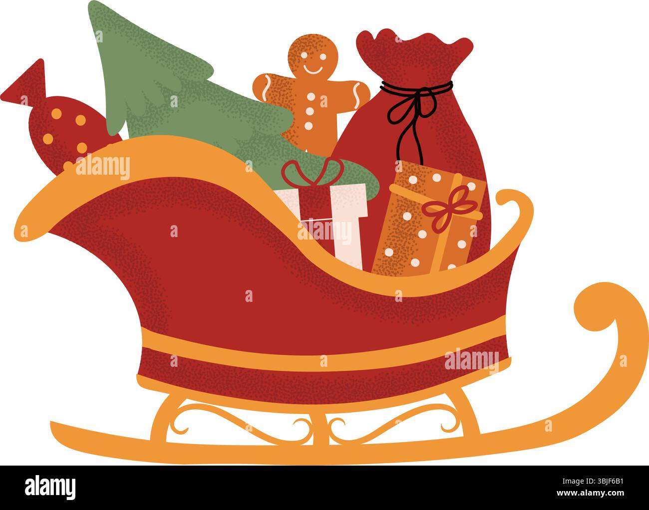 Festlicher Santa Claus Schlitten voller Geschenke. Traditionelle Weihnachts- und Neujahrsdekoration. Vektorabbildung Stock Vektor
