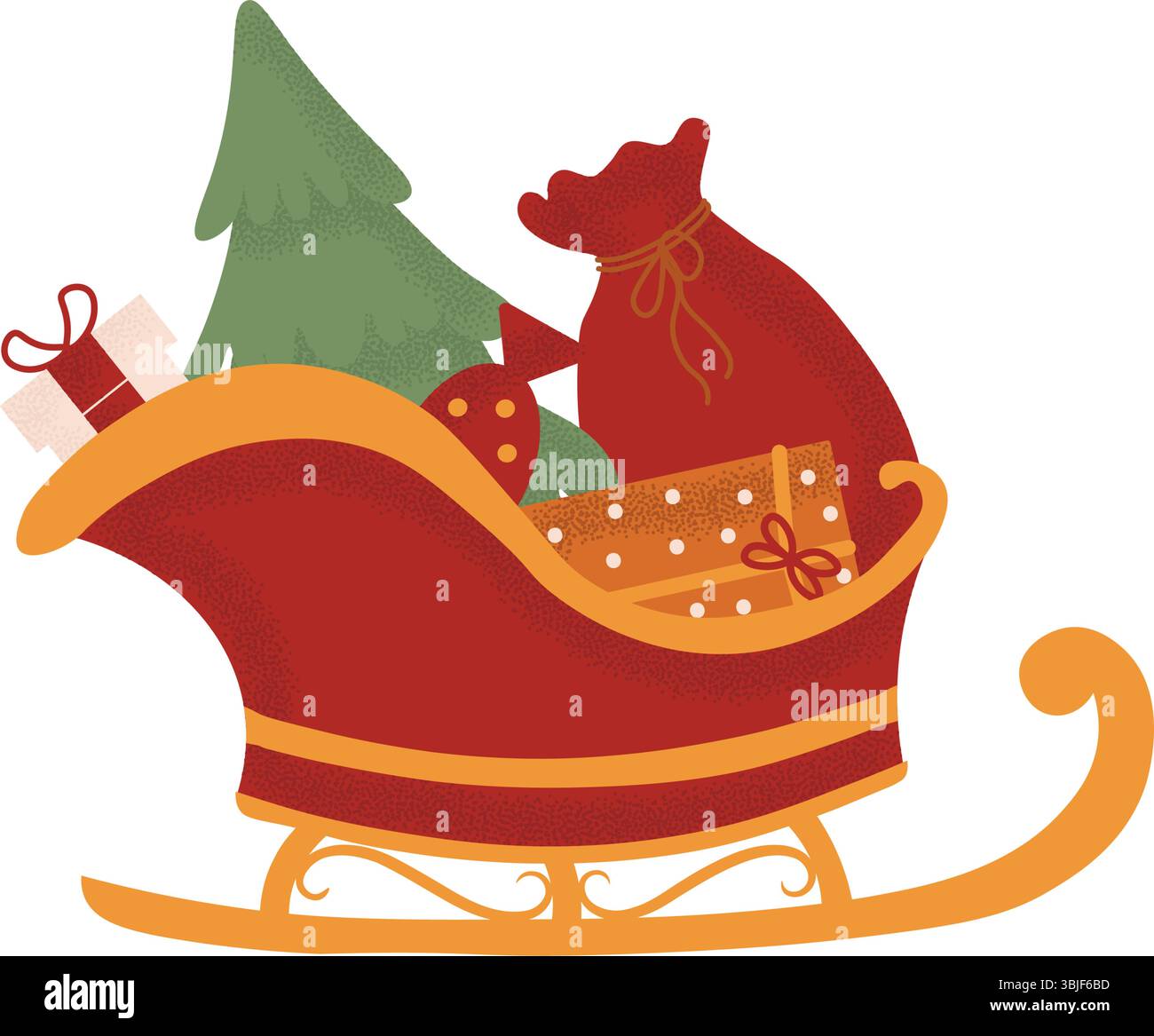 Festlicher Santa Claus Schlitten voller Geschenke. Traditionelle Weihnachts- und Neujahrsdekoration. Vektorabbildung Stock Vektor