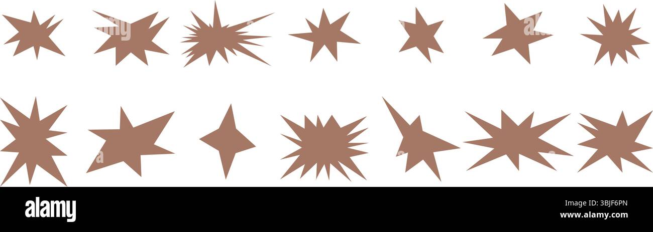 Set aus trendigen, unregelmäßigen Sternen und funkelnden Glitzern. Einfache abstrakte Elemente mit Doodle. Vektorabbildung Stock Vektor