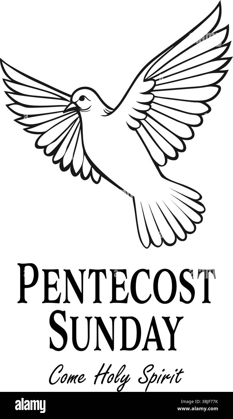 Illustration einer weißen Taube mit ausgebreiteten Flügeln, die den Heiligen Geist symbolisieren, begleitet von dem Text Pfingstsonntag. Ideal für kirchliche Veranstaltungen, Religio Stock Vektor