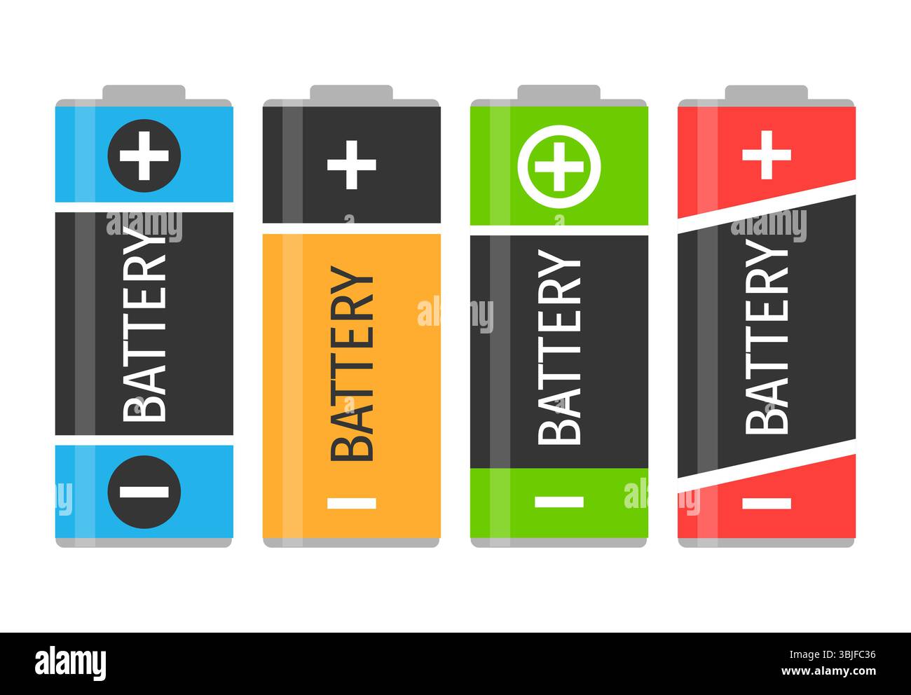 Ein Set mit vier bunten Batterien. Vektorabbildung Stock Vektor