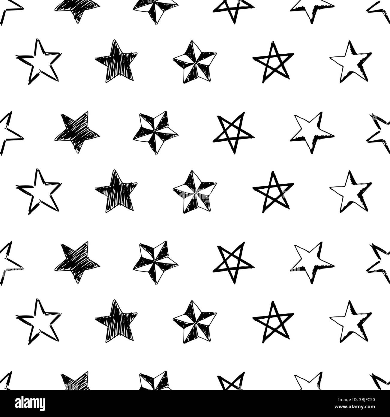 Nahtloser Hintergrund von Kritzelsternen. Schwarze handgezeichnete Sterne auf weißem Hintergrund. Vektorabbildung Stock Vektor