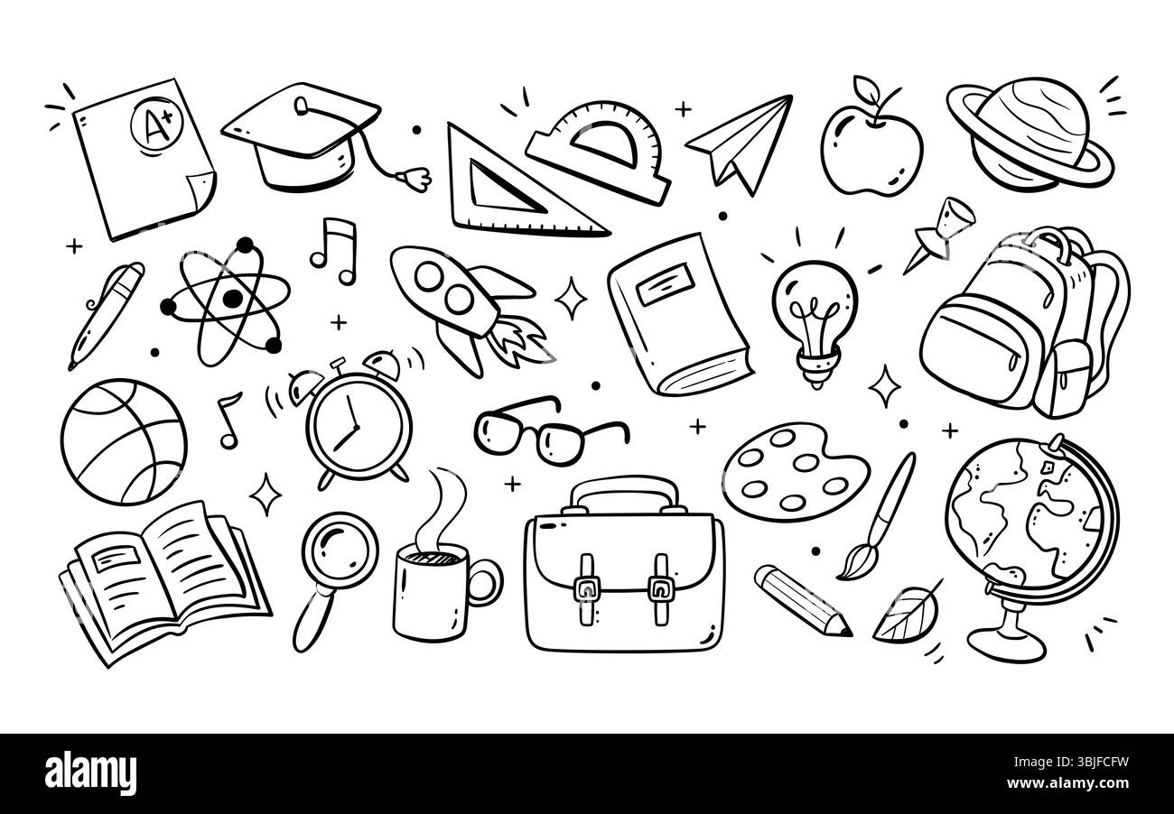 Niedlicher, handgezeichneter Hintergrund und isolierte Gegenstände, perfekt für Oberflächendesign, Drucke und Bastelprojekte. Insgesamt 28 verschiedene Stock Vektor