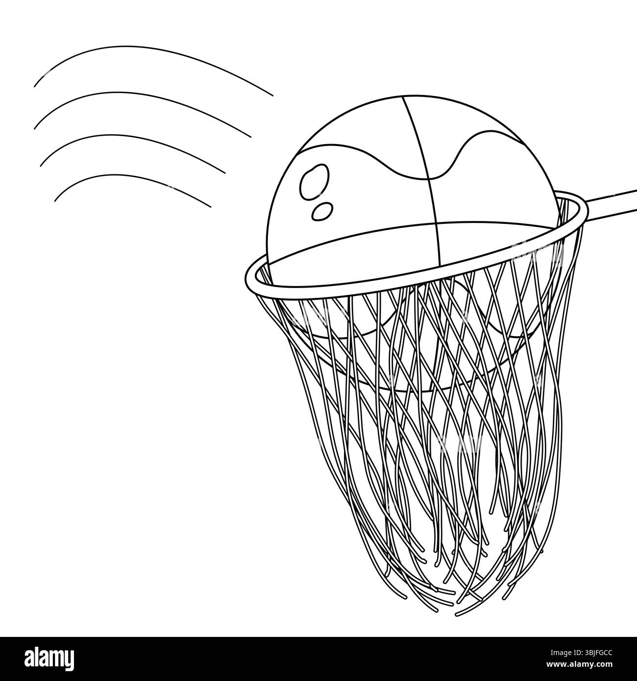 Ausmalseite mit Umrisszeichnung des Basketballballs, der durch den Korb läuft. Schulsport und Sportunterricht. Zur Unterhaltung von Kindern a Stock Vektor