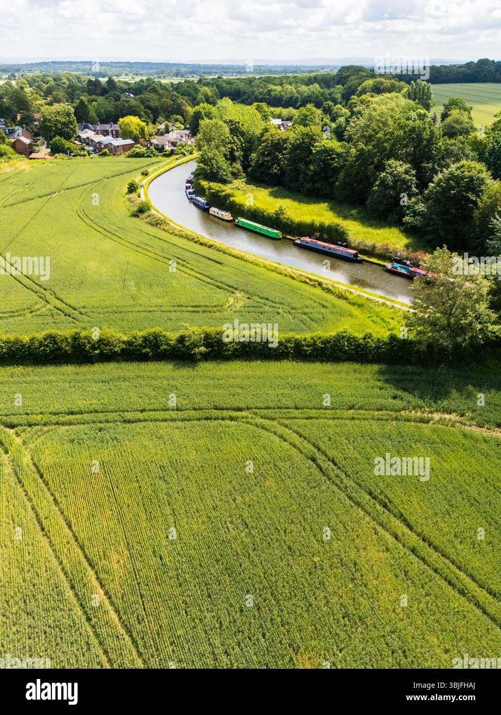 Blick auf grüne Felder in Richtung einer Kurve am Bridgewater Canal außerhalb von Lymm in Cheshire. Stockfoto