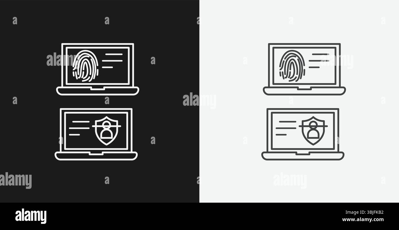 Laptop mit Fingerabdruck und Laptop mit User Security Shield auf Schwarz-weiß-Hintergrund, die digitale Sicherheit oder biometrische Authentifizierung darstellen Stock Vektor