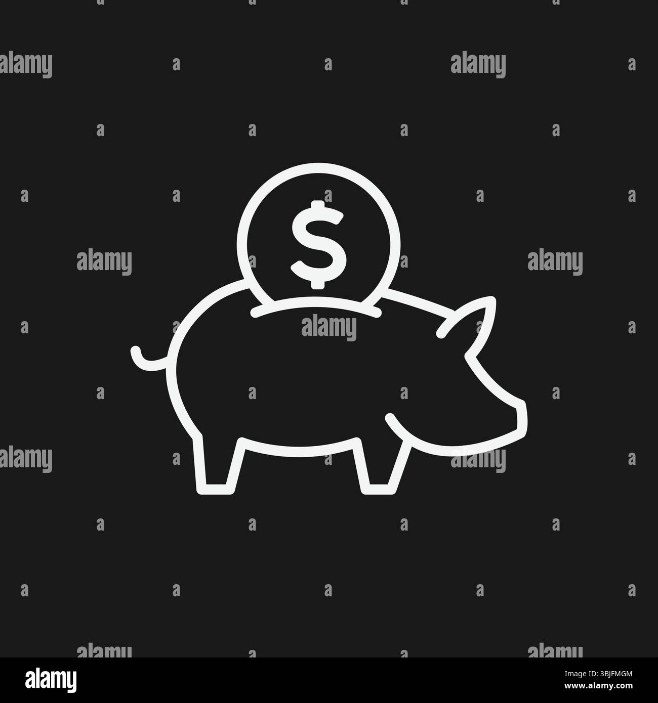 Schweinebank mit Dollar-Münze auf schwarzem Hintergrund, die Sparungen oder Finanzinvestitionen repräsentiert, weißes Umrisssymbol Stock Vektor