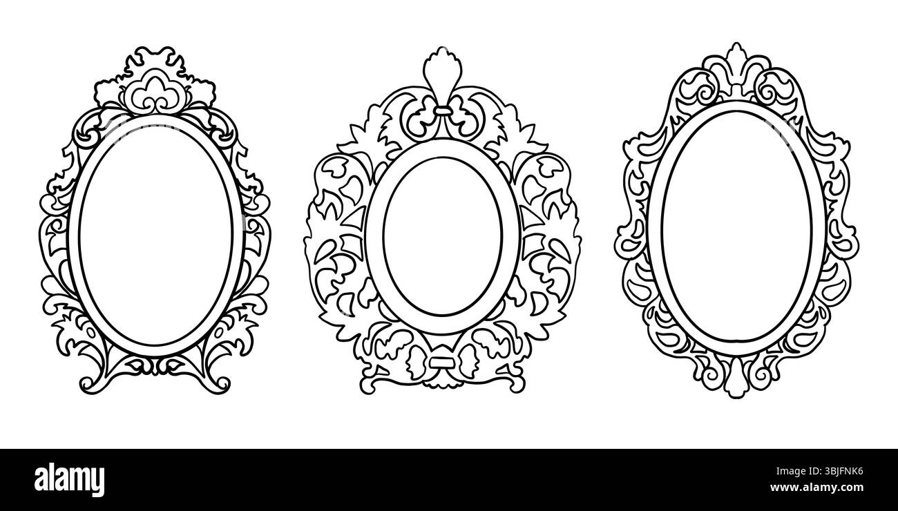 Handgezeichnete ovale Spiegelrahmen-Linie. Skizzenstil sehr detaillierte Umrissrahmen. Viktorianische Wanddekoration im Vintage-Stil. Vektordarstellungen isoliert Stock Vektor