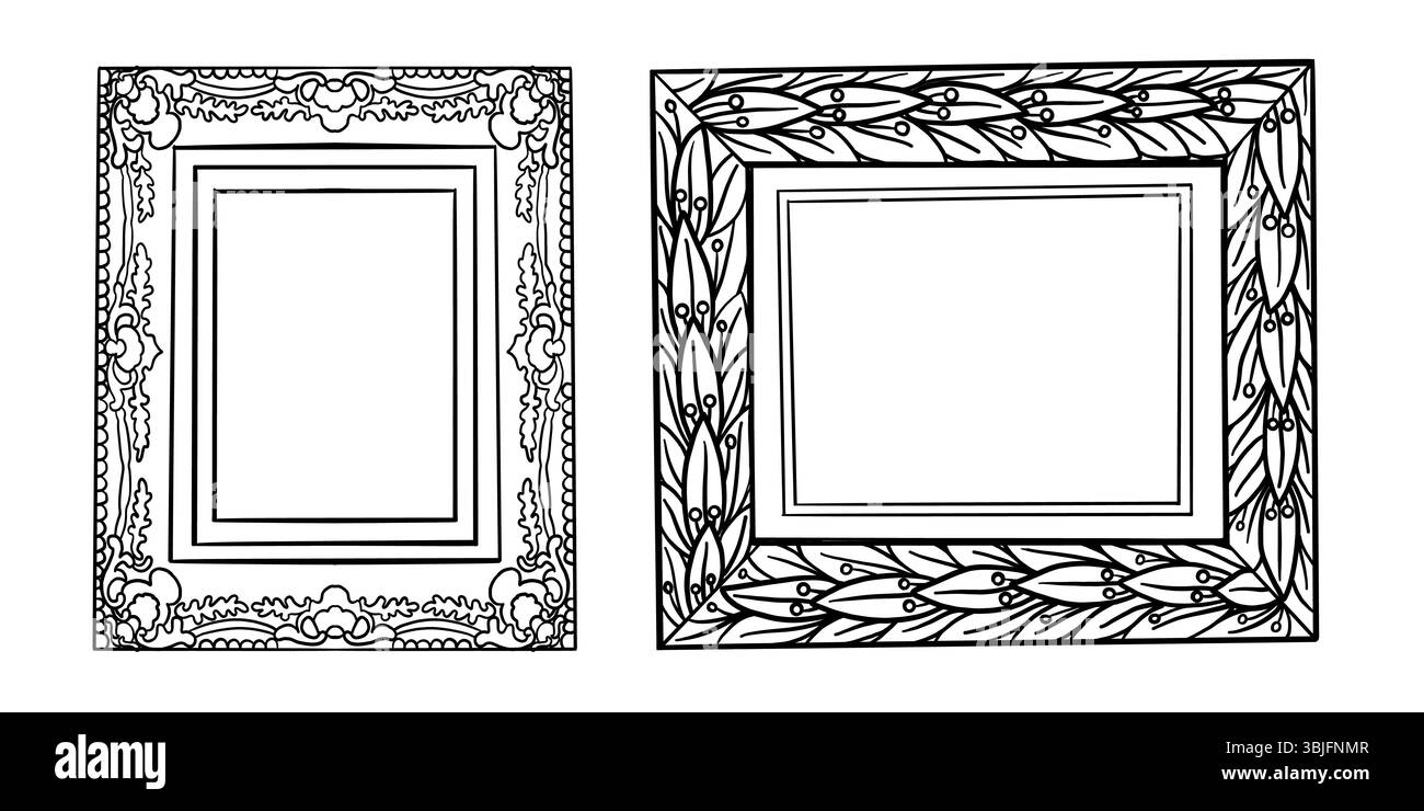 Bilderrahmen Linien im handgezeichneten Stil. Skizzenstil sehr detaillierte rechteckige Umrissrahmen. Wanddekoration im Retro-Stil. Viktorianischer Vektor Stock Vektor