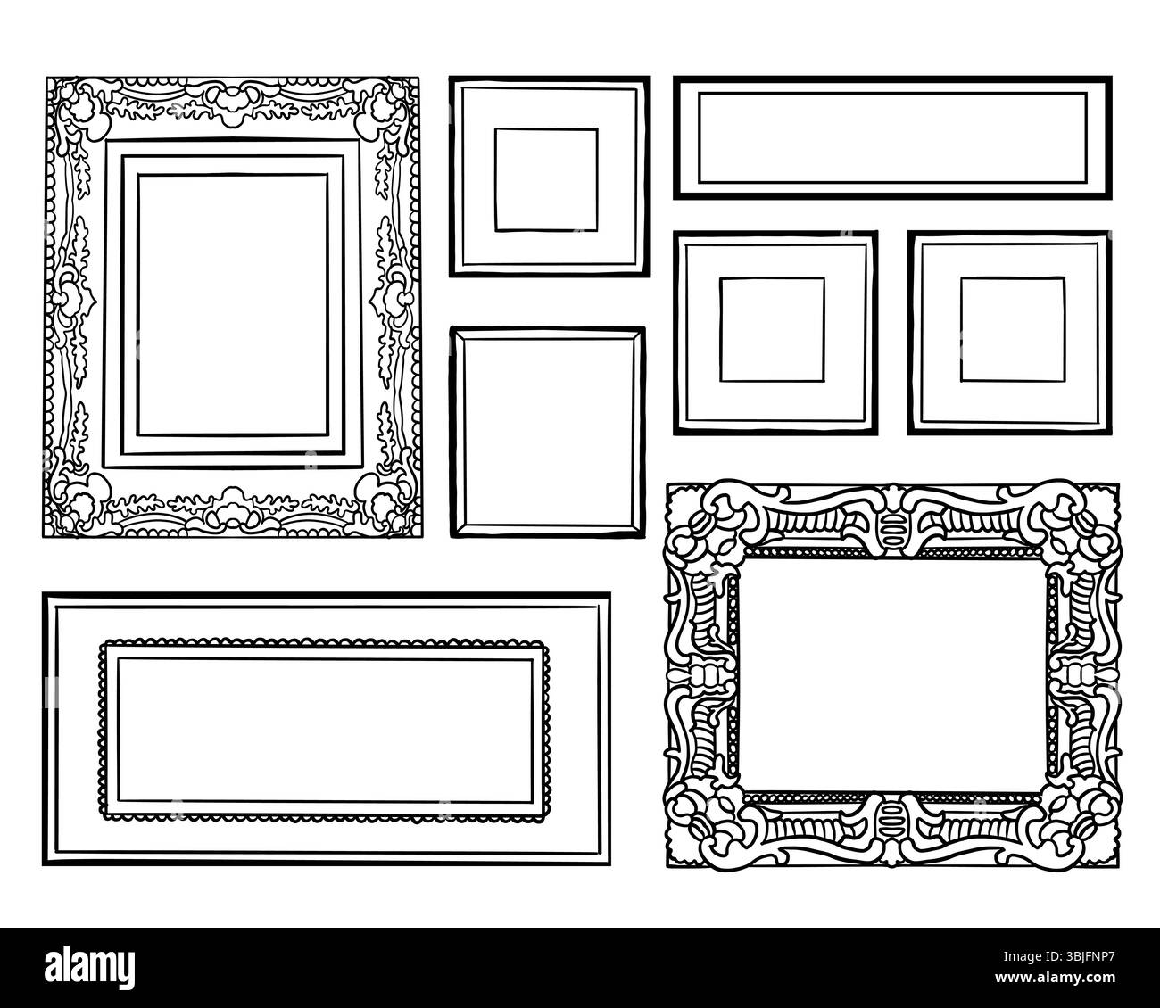 Handgezeichnete Bilderrahmen Liniensatz. Skizzenstil sehr detaillierte quadratische und rechteckige Umrissrahmen. Wanddekoration im Retro-Stil. Vektorillustra Stock Vektor