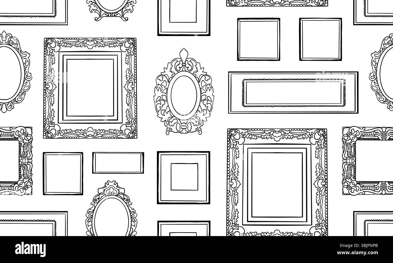 Handgezeichnete Bilderrahmen nahtloses Muster. Skizzenstil detailreiche ovale, quadratische und rechteckige Umrissrahmen. Viktorianische Vintage-Wand im Retro-Stil dez Stock Vektor