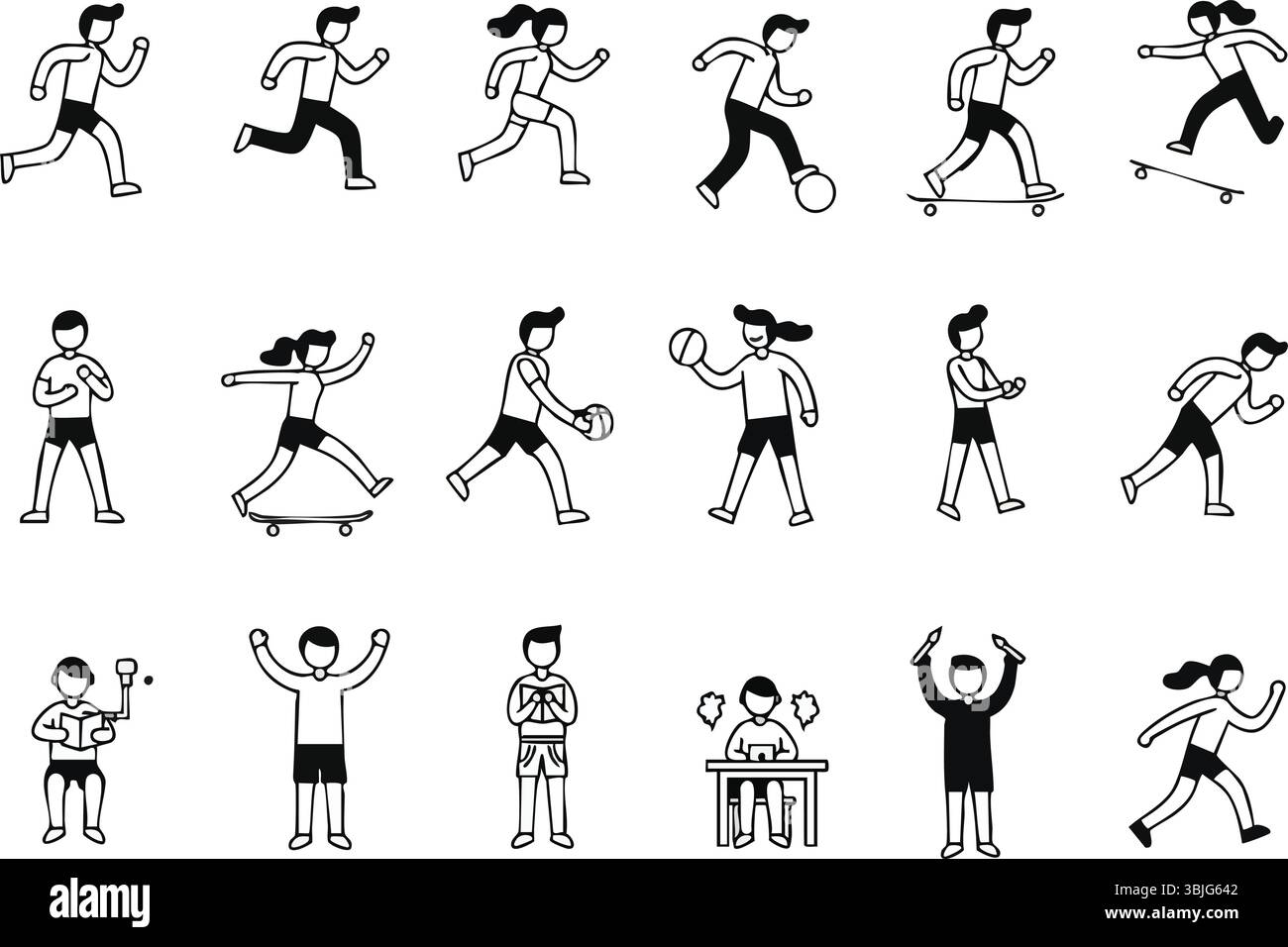 Minimalistisches Symbol-Set für die Aktivität von Menschen: Strichgrafik-Illustrationen von Sport und Hobbys Stock Vektor