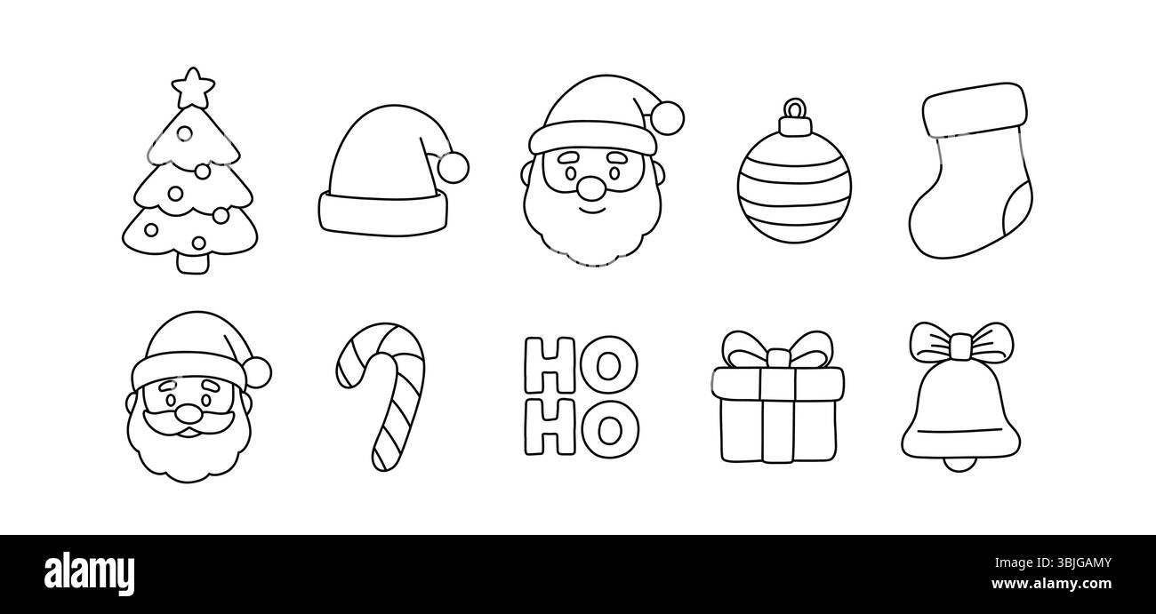 Skurrile Weihnachtsvektorsymbole mit Weihnachtsmann, Weihnachtsbaum und Weihnachtsgeschenken. Perfekt für saisonale Designs, digitale Begrüßungen und Urlaub Stock Vektor