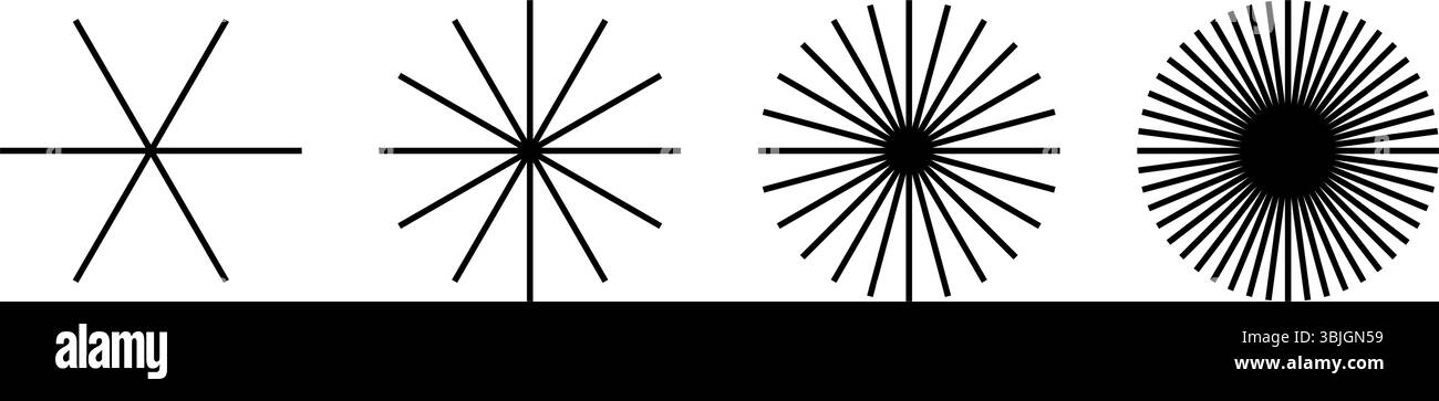Satz von geraden radialen Linienformen. Sammlung von Symbolen für Sonnenstrahlen, isoliert auf weißem Hintergrund. Symbole für Strahlkraft, Explosion, Schneeflocke oder Feuerwerk. Vektorgrafik. Stock Vektor