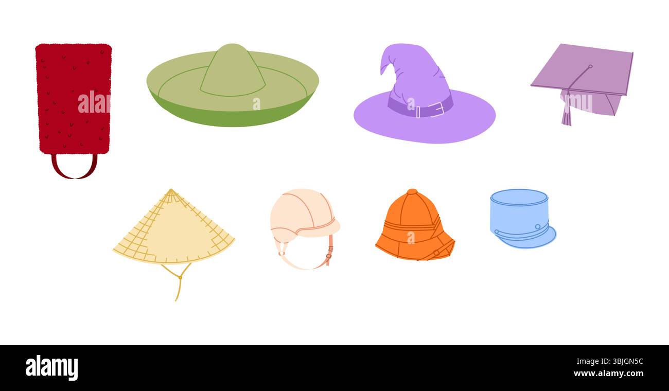 Set mit verschiedenen Hüten - Coolie Mortarboard Sombrero Wizard, Bicorne Bonnet Bärenleder, Kepi Pith Reithelm. Kopf Mode Accessoire Kappen technische Illustration. Vektor für Männer, Frauen Stil, flach CAD Stock Vektor