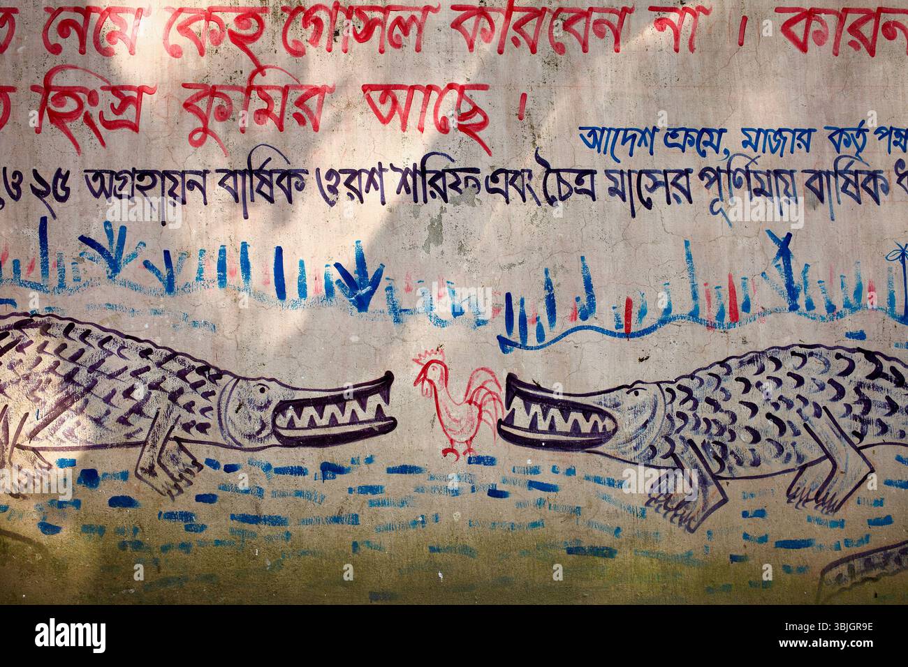 Das Wandgemälde in Bagherhat, Bangladesch, warnt vor heiligen Krokodilen mit bemalten Krokodilen und einem Opferhahn. Stockfoto