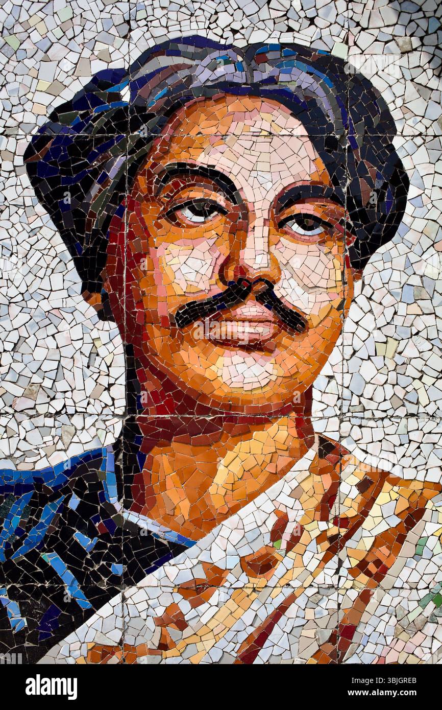 Mosaikporträt des bengalischen Dichters Kazi Nazrul Islam am Musikstand von Padma Garden in Rajshahi, Bangladesch. Stockfoto