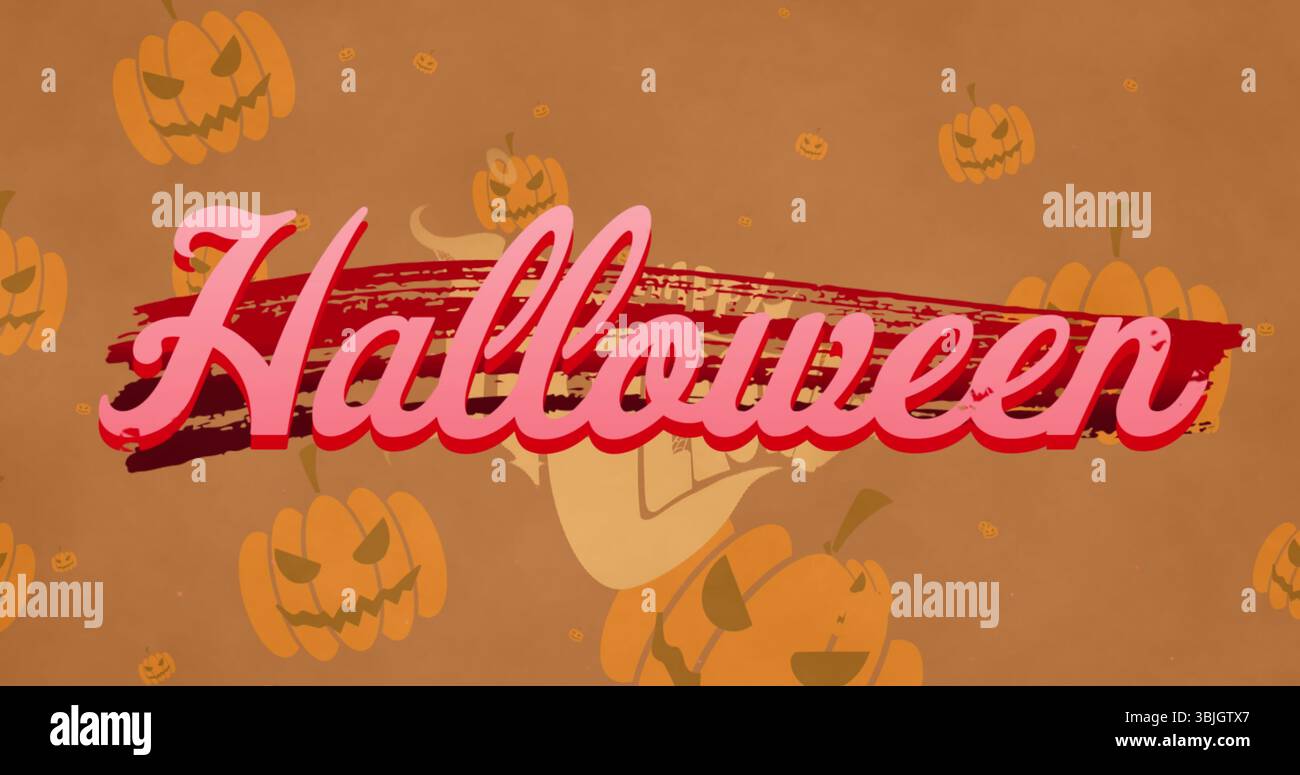 Halloween-Schrifttext über rotem Pinselstrich auf digitalem Poster mit Kürbisillustrationen Stockfoto