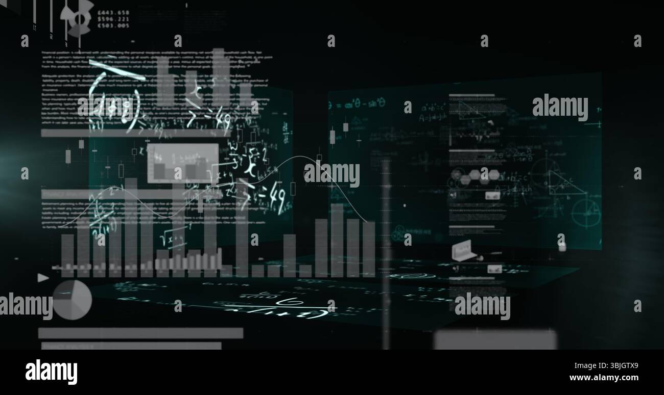 Schwebende, durchscheinende Bedienfelder mit Balken- und Liniendiagrammen, Kreissegmenten und Gleichungen im dunklen Raum Stockfoto