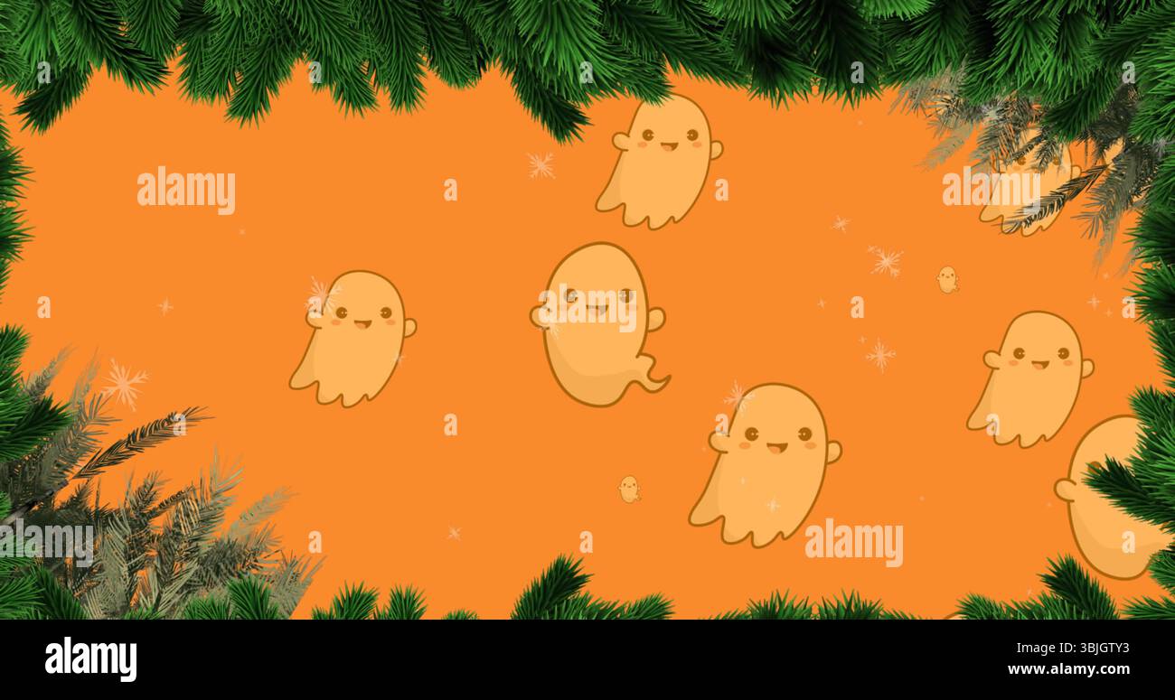 Schwebende Kawaii-Geisterfiguren, die auf orangefarbenem Hintergrund schweben, mit Kiefernrahmen und Schneeflocken Stockfoto