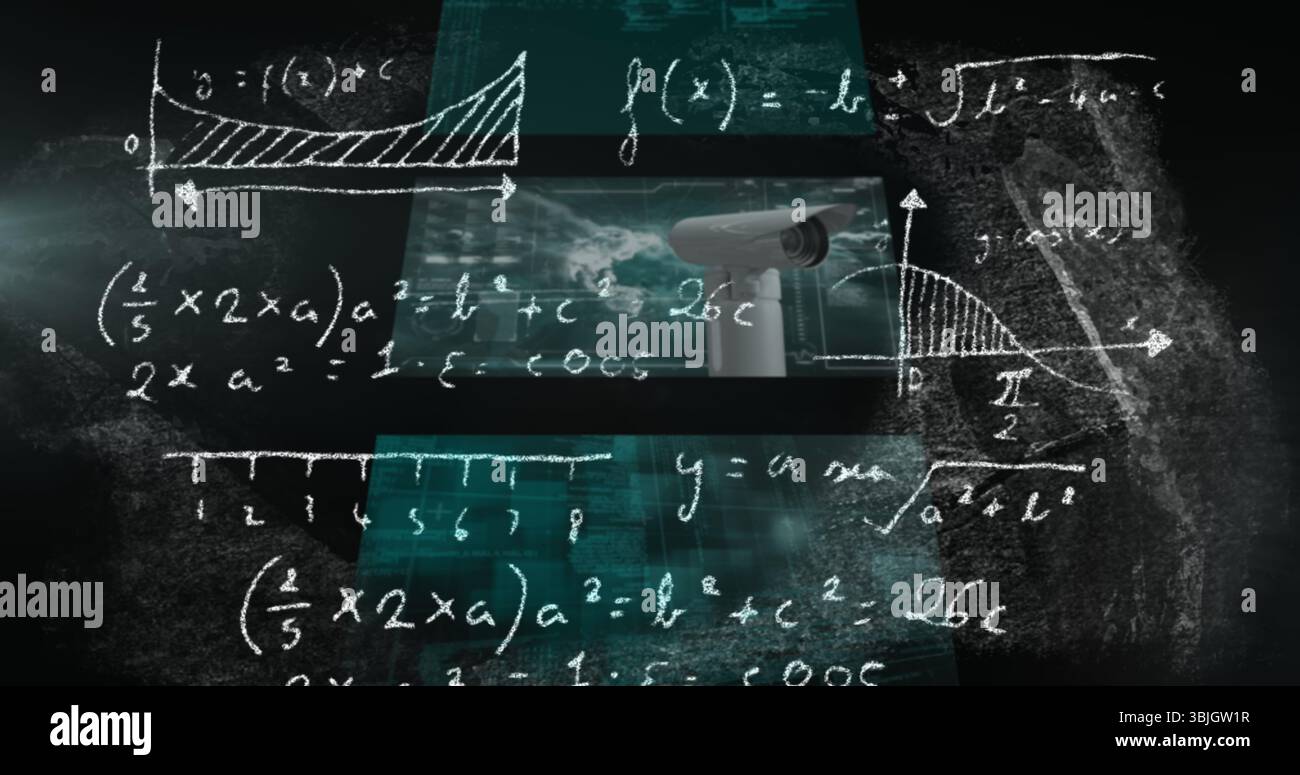 Mit weißem Schwarzweißbrett mit Überwachungskamera, blaugrün, Gleichungen und Blick auf das Meer Stockfoto