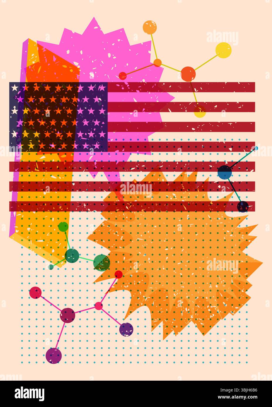 Risograph American Flag mit Sprechblase mit geometrischen Formen. Objekte in trendigem Riso-Grafik-Design mit Texturelementen. Stock Vektor