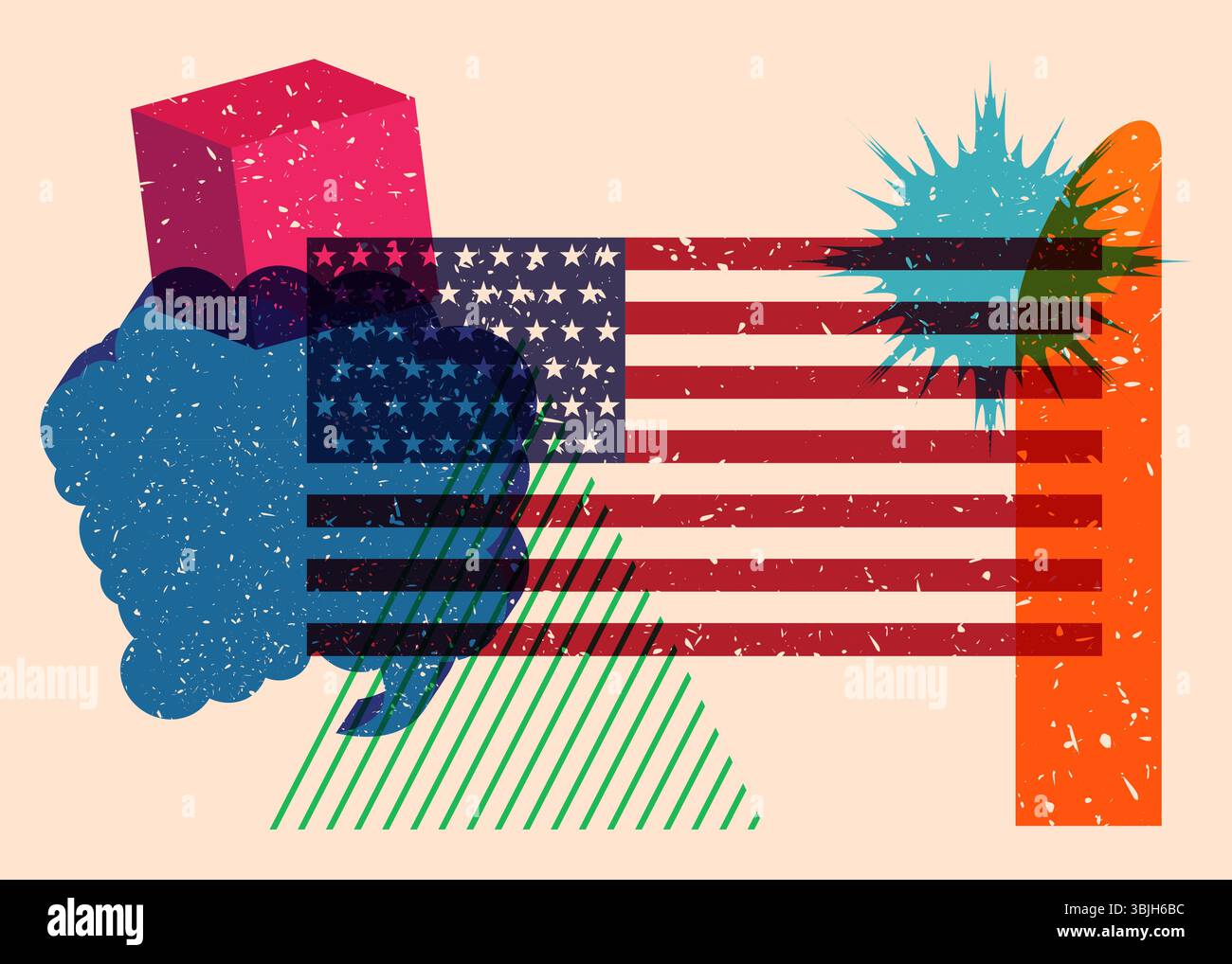 Risograph American Flag mit Sprechblase mit geometrischen Formen. Objekte in trendigem Riso-Grafik-Design mit Texturelementen. Stock Vektor