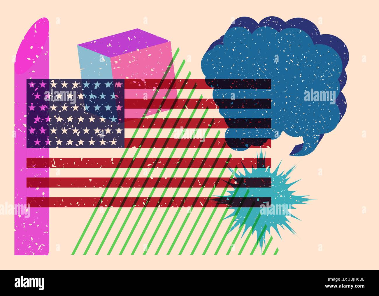 Risograph American Flag mit Sprechblase mit geometrischen Formen. Objekte in trendigem Riso-Grafik-Design mit Texturelementen. Stock Vektor