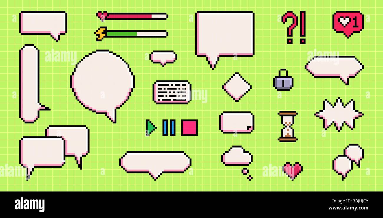 Pixel-Sprechblasen auf grünem Gitterhintergrund - Retro-8-Bit-Chatboxen, Dialogballons mit Herzen, Fragezeichen und Spiel-UI-Element. Vintage-Frames für Arcade-Gaming-Interface-Design Stock Vektor