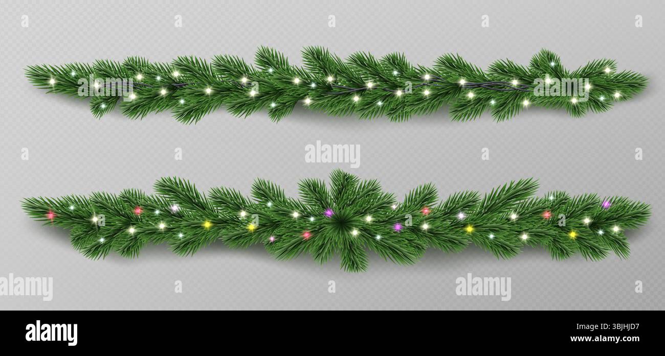 Grüne Kiefernzweiggirlande mit leuchtenden Lichtern - realistische Weihnachtsdekorationsränder für Weihnachtsdesign. Festliche immergrüne Kränze mit weißen und bunten Birnen isoliert auf transparentem Hintergrund. Stock Vektor