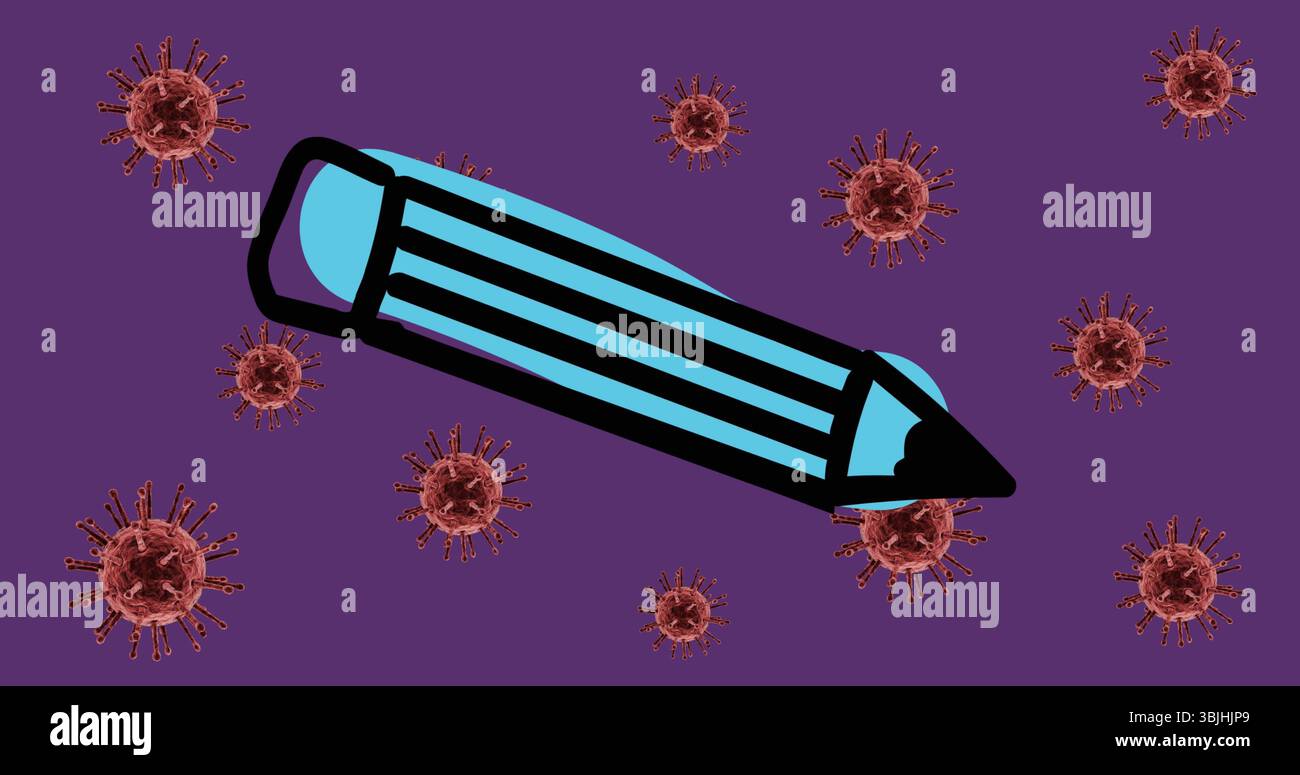 Verschiebbarer Stilstift durch digitalen lila Hintergrund, mit rot-braunen Spiky Virus Symbole Stockfoto