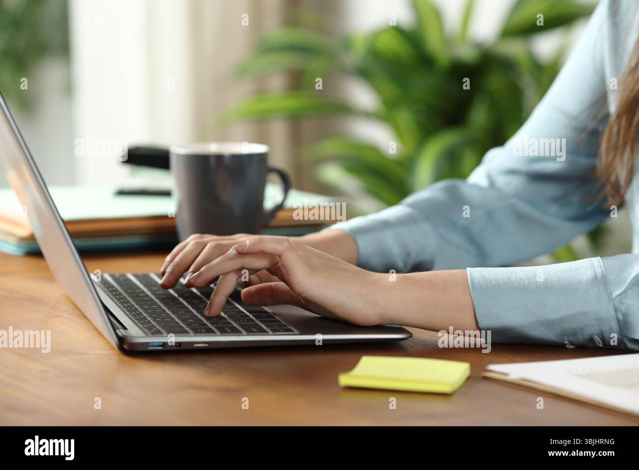 Nahaufnahme einer Frau, die zu Hause oder im Büro online auf einem Holztisch schreibt Stockfoto