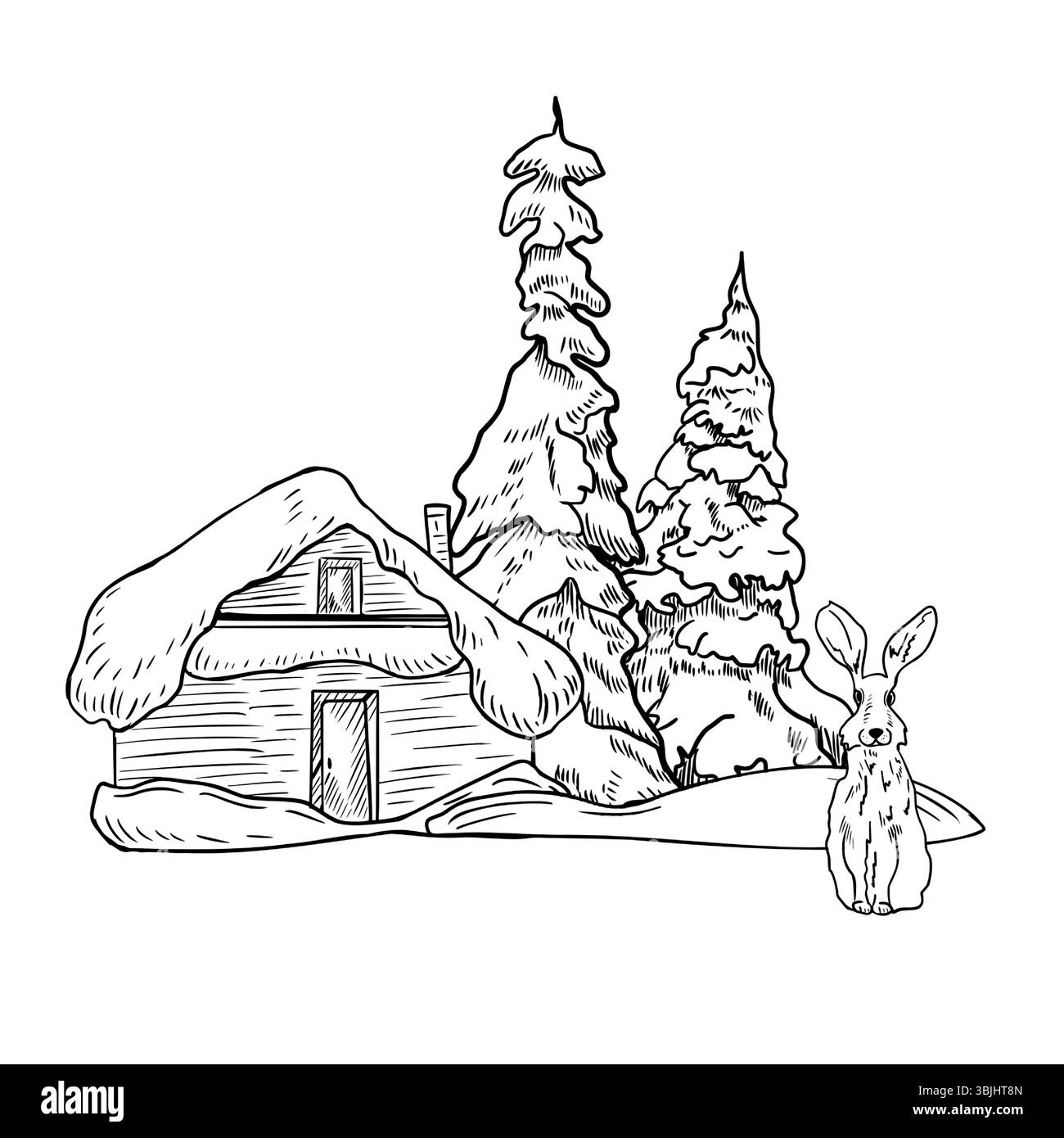 Waldhütte umgeben von schneebedeckten Bäumen, Schneewehungen und Hasen handgezeichnetem schwarzweißen Umrissvektor. Winter Waldszene monochrom bemalt für Stock Vektor