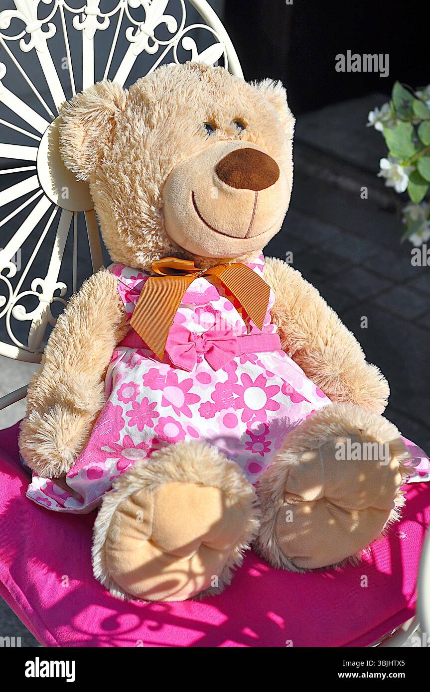 Teddybär in rosa Blumenkleid sitzt draußen auf einem Stuhl Stockfoto