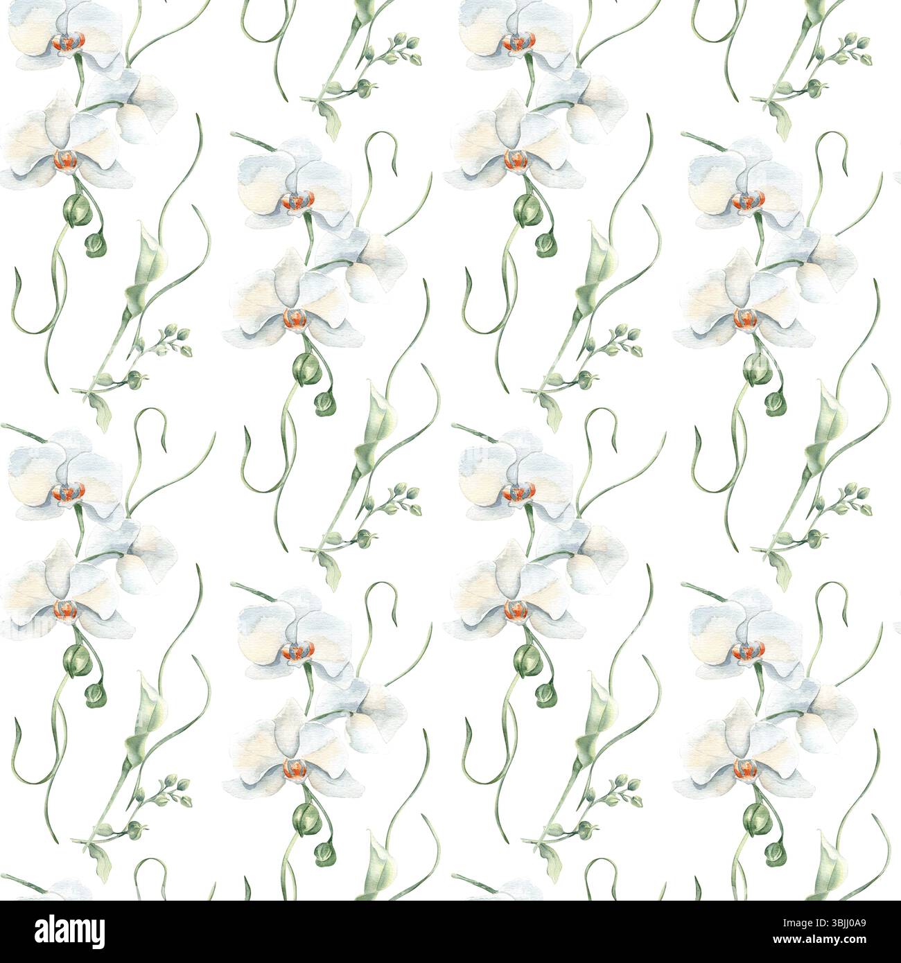 Nahtloses Blumenmuster mit weißen Orchideenblüten, Lilienknospen und anmutigen Stämmen. Leichtes neutrales botanisches Wiederholungsmuster für Design Stockfoto