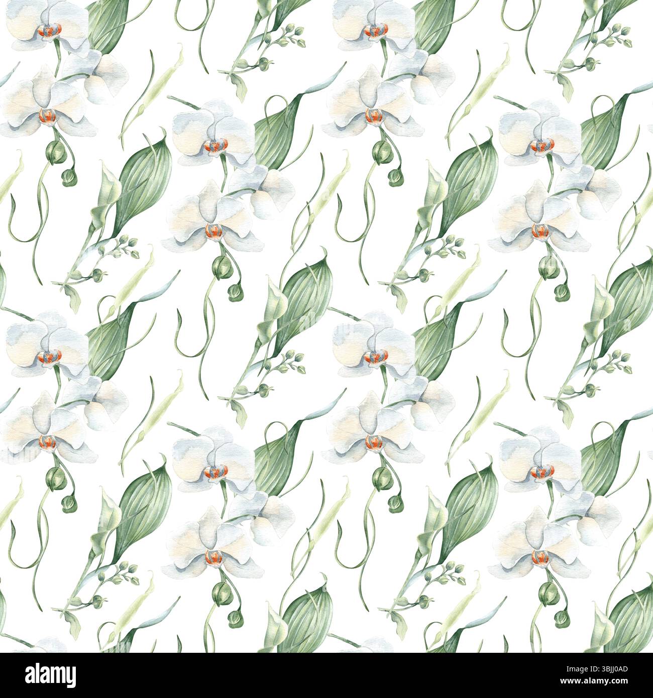 Elegante botanische nahtlose Muster weiße Orchideen, ungeöffnete Lilienblüten und neutrale Farben isoliert. Weiße Blüten, Aquarellwiederholung Hintergrund Stockfoto