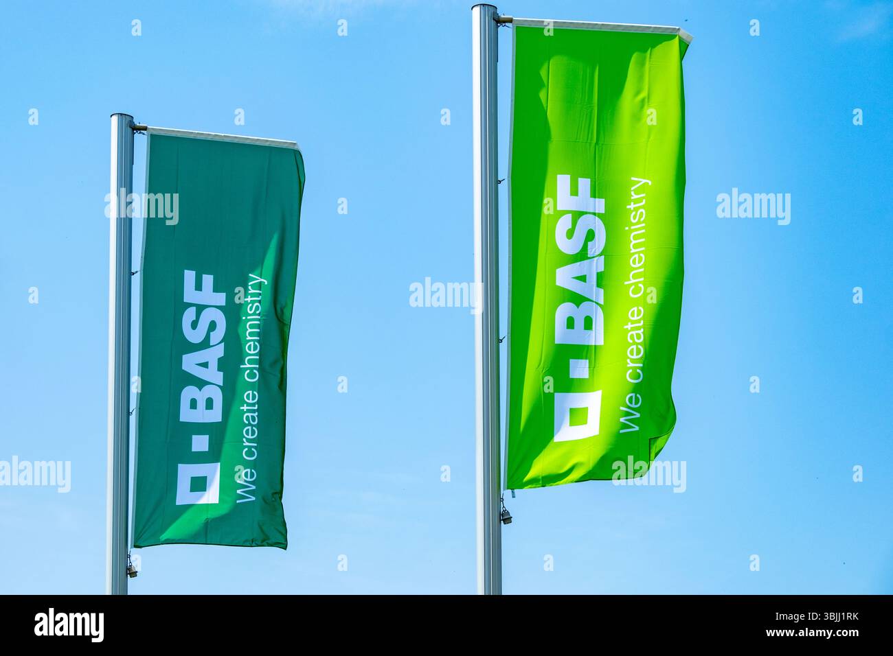 BASF Chemiekonzern, Industriekomplex, chemische Industriezone, multinationales Chemiegeschäft mit Flaggen, European Industrial Site Branding, Handbuch Stockfoto