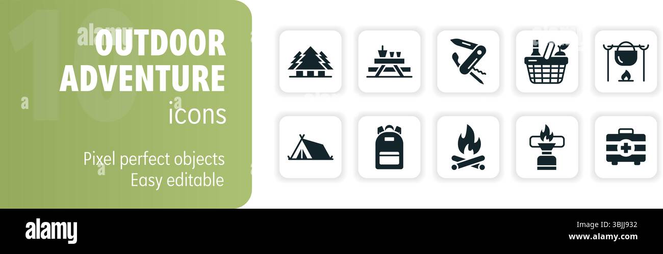 Set aus einfachen Camping- und Freizeitsymbolen im Freien mit wichtigen Vorräten und Ausrüstungen für die Erkundung der Natur Stock Vektor