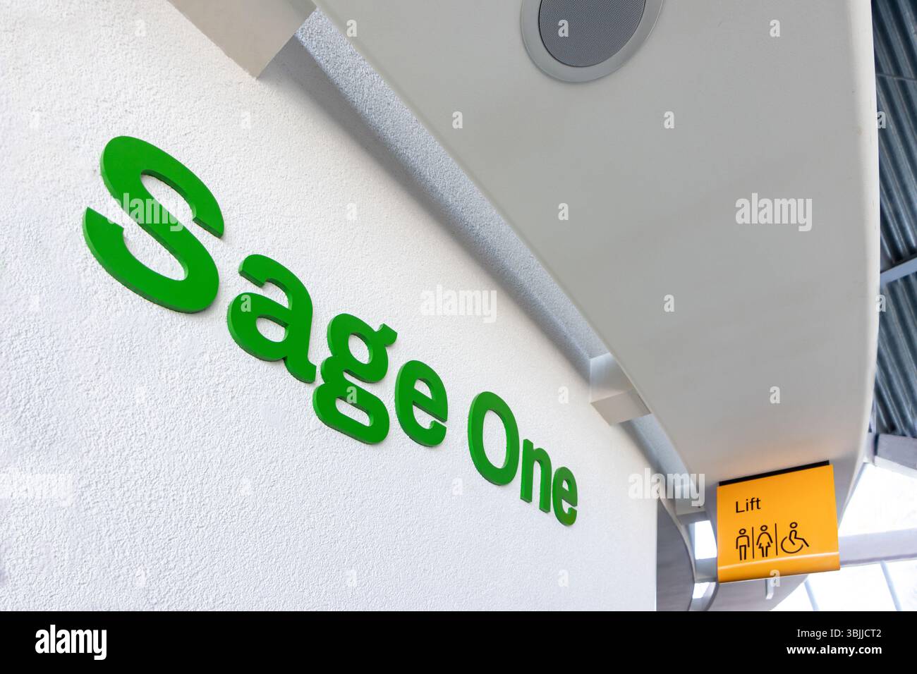 Green sage One-Logo in kräftigen Buchstaben an einer weißen strukturierten Wand im Glashaus gateshead Stockfoto