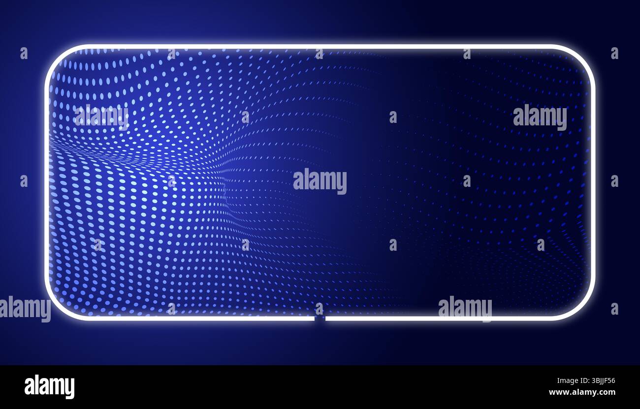 Raster mit weißem Rahmen und gekrümmten Punkten. Abstrakte Technologie Hintergrundwellen mit leuchtendem Dunkelblau Stockfoto