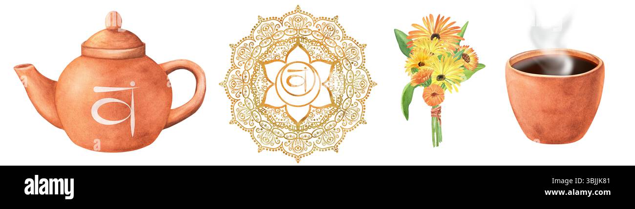 Ein Bündel von Aquarell-Clipart zum Thema Balance sacralchakra. Terrakotta-Teekanne, eine Tasse mit heißem Tee, Ringelblumenstrauß, ein goldenes orangenes Svadhi Stockfoto